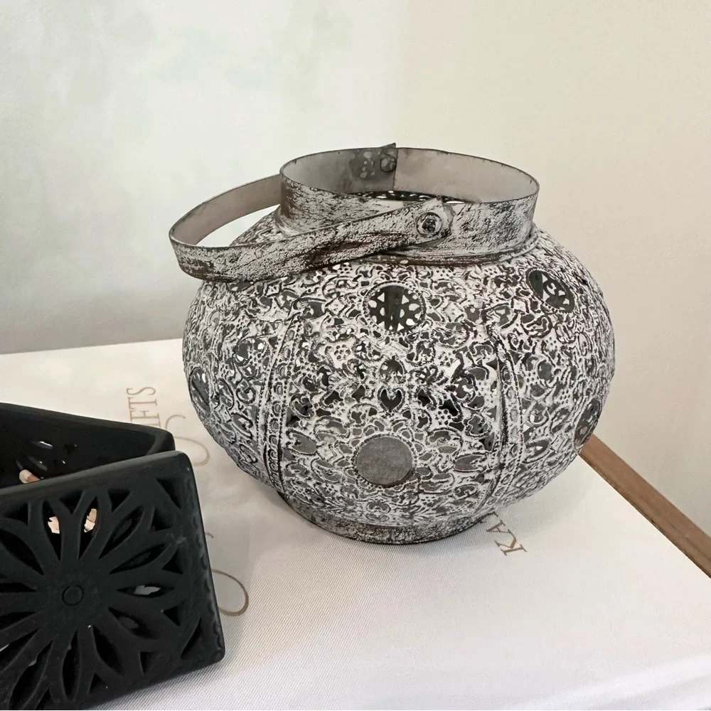 Decorative Metal Lantern Or Vase Perforated Metal With Vintage Look Handle